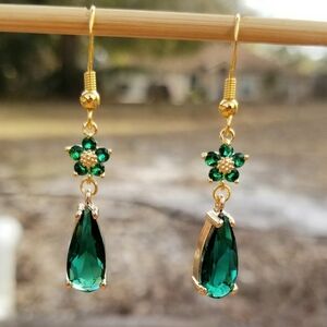14k Gold Floral Emerald Dangle Earrings, Emerald Teardrop Earrings